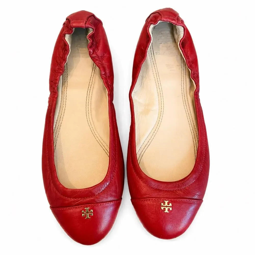 Tory Burch York Cap Toe Poppy Red Leather Ballet Flats Gold Logo Size 7.5